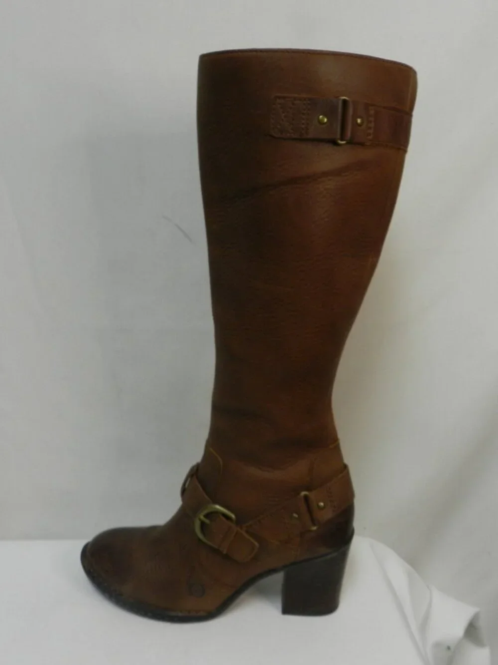 BORN Natasha Leather tall zip boots w/ harness brown heeled Comfort Size Sz 7
